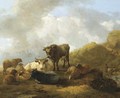 An Italianate mountainous landscape with cattle and sheep in the foreground - Willem Romeyn