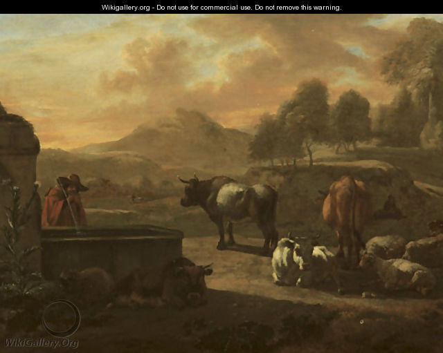 An Italianate landscape with a herdsman drinking from a fountain, his cattle and sheep nearby - Willem Romeyn