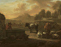 An Italianate landscape with a herdsman drinking from a fountain, his cattle and sheep nearby - Willem Romeyn
