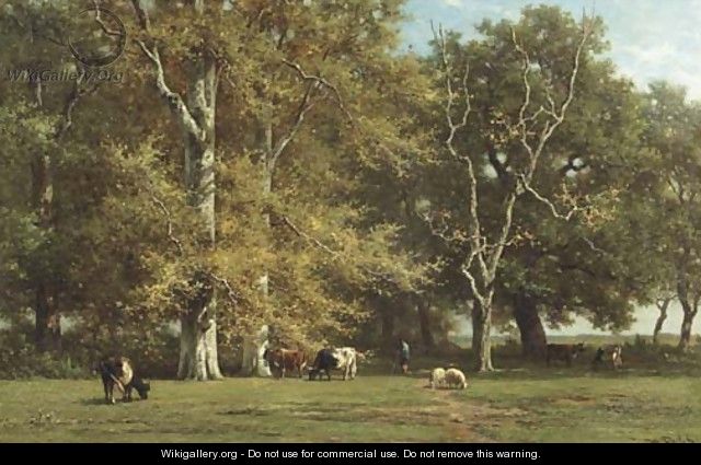 Interieur de foret (souvenir de Fontainebleau) cattle grazing by birch trees, Fontainebleau - Willem Roelofs