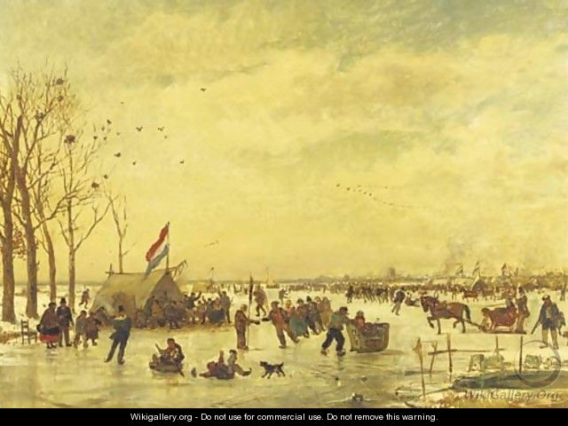 Hollandsch IJsvermaak a populous crowd enjoying a day on the ice with Rotterdam in the distance - Willem Roelofs