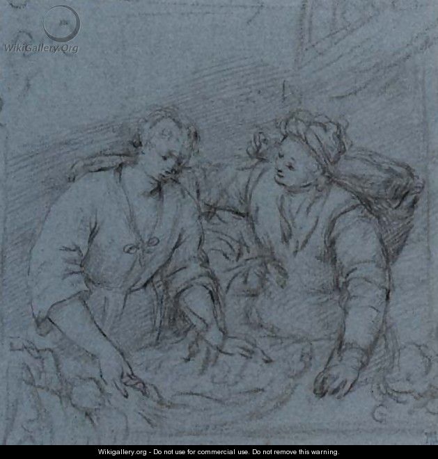 Two figures, half-length, standing at a bench - Willem van Mieris