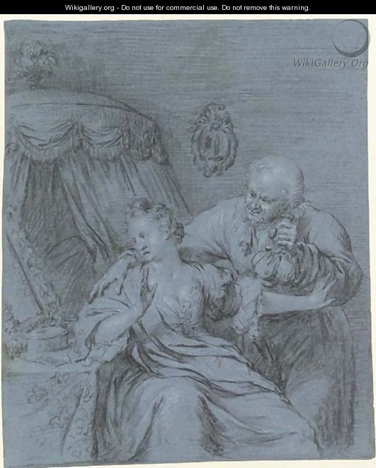 A bearded man holding bags of gold seducing a lady at her dressing table - Willem van Mieris