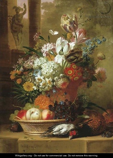 Flowers, fruit and dead game on a stone ledge - Willem van Leen