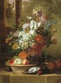 Flowers, fruit and dead game on a stone ledge - Willem van Leen