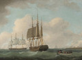 English frigates hove-to off a port, with officers being rowed ashore - William Anderson