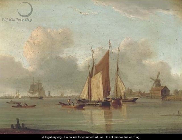 Barges in a calm on the estuary with a trading brig beyond - William Anderson