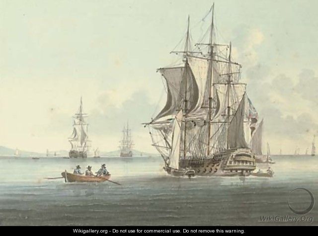 A two-decker lying at anchor, drying her sails as she takes on stores - William Anderson