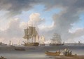 A three-master and other ships on the Thames at Millwall, with colliers moored in the middle of the river - William Anderson