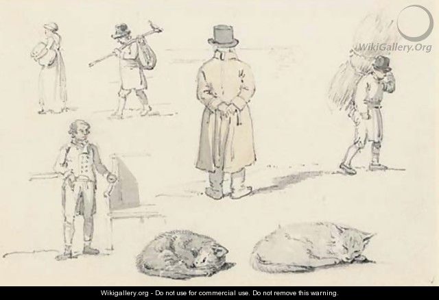 A sheet of figure and animals studies, including a man looking over a wall and cats sleeping - William Alexander