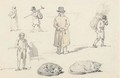 A sheet of figure and animals studies, including a man looking over a wall and cats sleeping - William Alexander