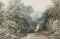 An angler on a riverbank before a waterfall - William James Bennett
