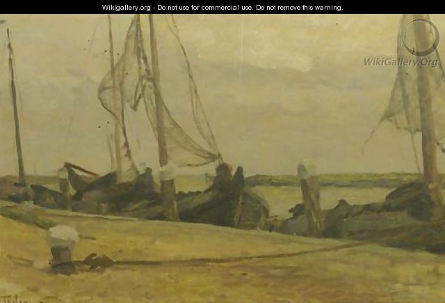 Moored fishingboats along a quay - Willem Bastiaan Tholen