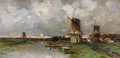 Opkomend onweder windmills along a river - Willem Cornelis Rip