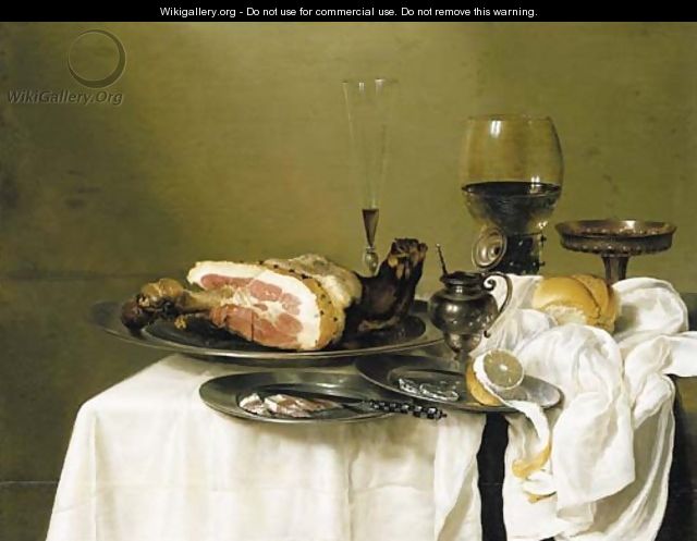 A hock of ham, a knife with slices of ham and a peeled lemon on pewter dishes - Willem Claesz. Heda