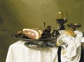 A hock of ham, a knife with slices of ham and a peeled lemon on pewter dishes - Willem Claesz. Heda