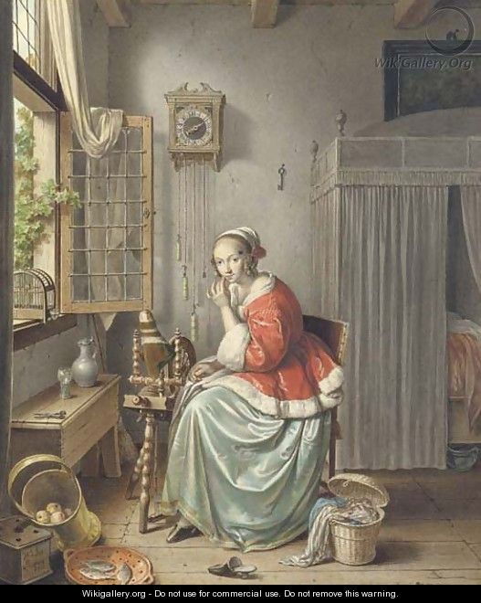 A spinner sitting beside an open window - Willem Joseph Laquy