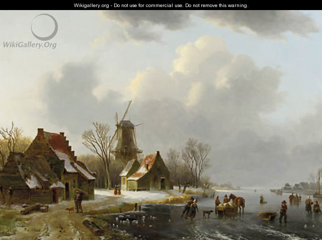 A winterlandscape with peasants on a frozen waterway, with farmhouses and a windmill beyond - Willem De Klerk