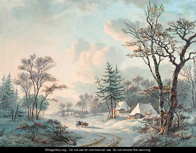 A winter landscape with an ox-cart on a wooded road near a village - Willem De Klerk