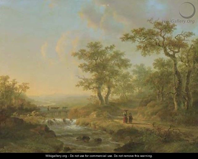 A peasant woman and child on a wooded path by a forest - Willem De Klerk