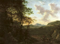 An Italianate wooded landscape with a peasant on his mule driving sheep on a track, a river and mountains beyond - Willem de Heusch