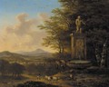 An extensive landscape with a shepherd and his flock at a fountain - Willem de Heusch