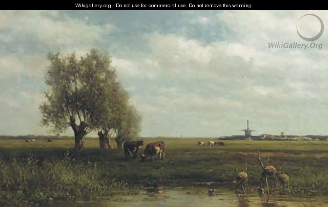 Cows by a stream in a polder landscape - Willem Roelofs