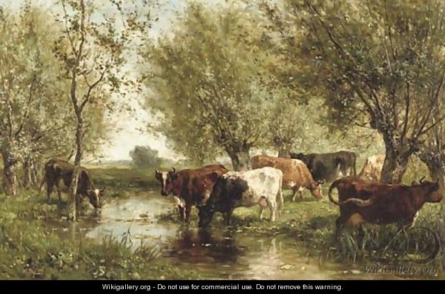 Cattle by a wooded pond - Willem Roelofs