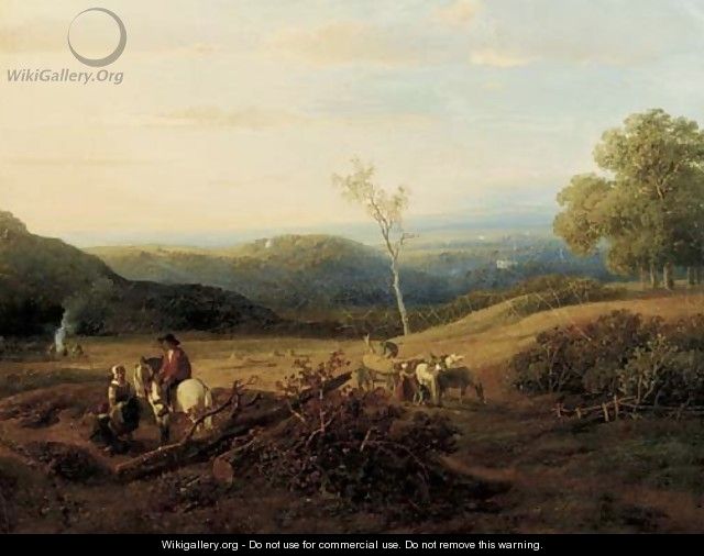 A panoramic summerlandscape with harvesters - Willem Roelofs