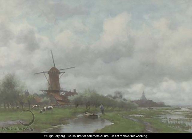 A polder landscape, a village in the distance - Willem Johannes Oppenoorth