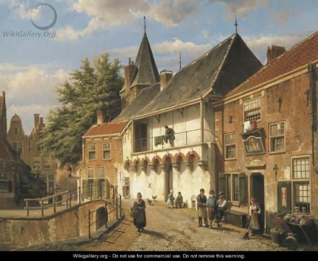 Dutch Street with Figures by an Inn by a Bridge - Willem Koekkoek