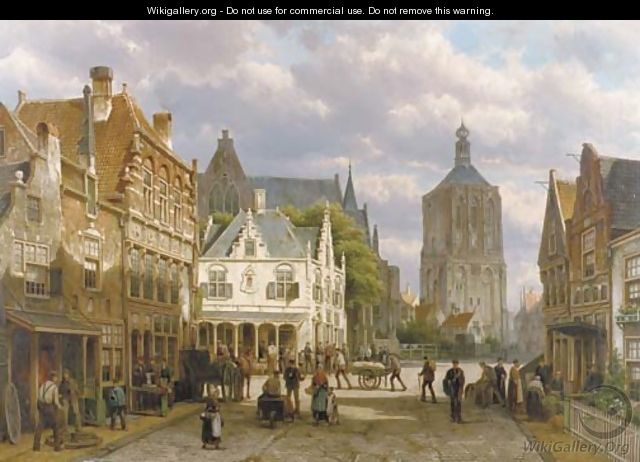 A capriccio view of a sunlit town square with numerous figures - Willem Koekkoek
