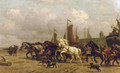 Horsepower dragging a 'Bomschuit' to sea, Scheveningen - Willem Carel Nakken