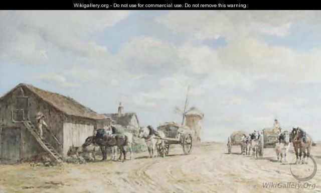 Horse-drawn wagons halting by a barn - Willem Carel Nakken