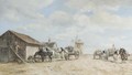 Horse-drawn wagons halting by a barn - Willem Carel Nakken