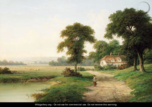 A child beside a pond with a cottage beyond - William Heath