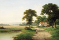A child beside a pond with a cottage beyond - William Heath