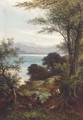 Figures in a wooded landscape, a coastal view beyond - William Heath
