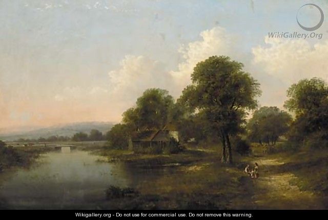 Children before a cottage in a wooded river landscape - William Heath