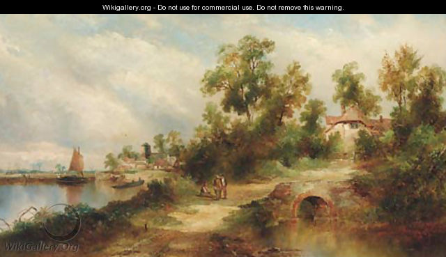 Figures resting by a bridge in a river landscape, a village beyond - Walter Williams