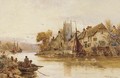 Moored fishing vessels before a village at sunset - Walker Stuart Lloyd