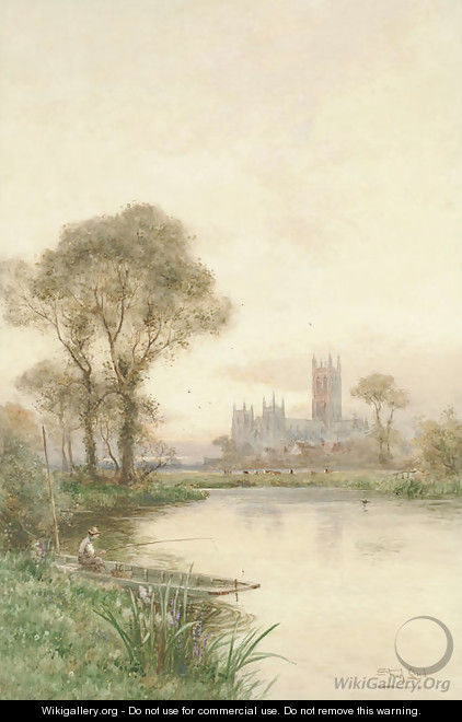 An angler fishing on the Stour before Canterbury Cathedral - Walker Stuart Lloyd