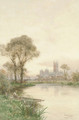 An angler fishing on the Stour before Canterbury Cathedral - Walker Stuart Lloyd