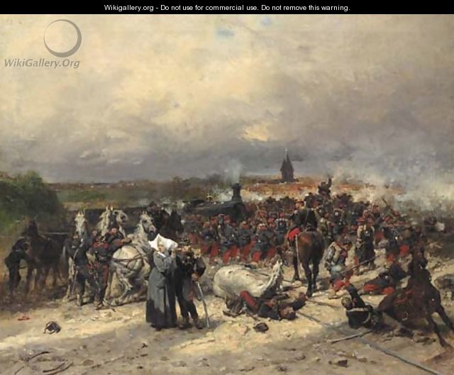 French soldiers on the attack a scene from the Franco-Prusian war - Wilfred Constant Beauquesne