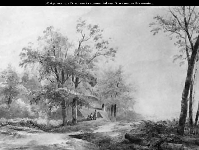 A wooded landscape with peasants resting near a barn - Wijnandus Johannes Josephus Nuijen