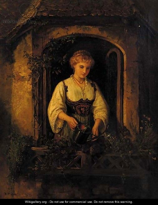 A young maiden watering her flower boxes - Wilhelm Pistor