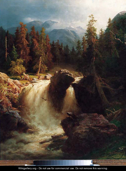 A waterfall in a mountainous wooded landscape - Wilhelm Brandenburg