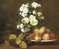 White roses in a vase with peaches and grapes on a table - Victoria Dubourg Fantin-Latour