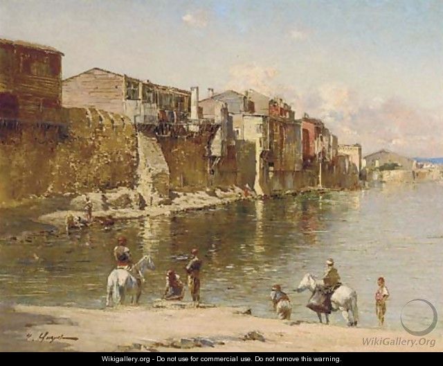 Figures on a river bank - Victor Pierre Huguet