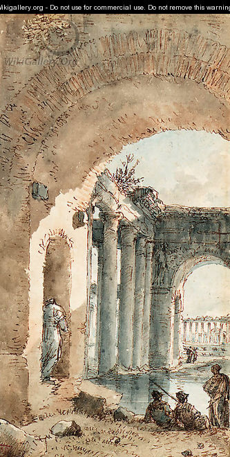 An inundated Temple seen through an Arch, with a group of soldiers in the foreground - Victor Jean Nicolle